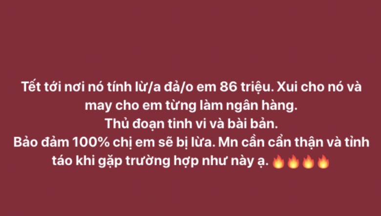 Chị Tâm đăng cảnh báo lên trang cá nhân sau khi phát hiện ra thủ đoạn của đối tượng lừa đảo