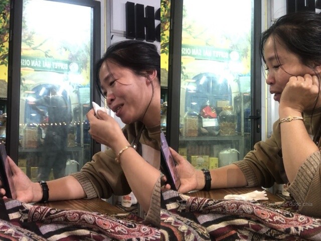 Chị Nam òa khóc khi trò chuyện với chị Nga qua điện thoại.