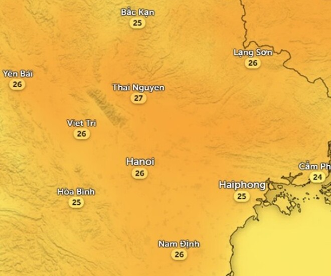 Nhiệt độ cảm nhận ở một số tỉnh thành miền Bắc vào chiều nay, 21/3. Ảnh: Zoom Earth, OpenStreetMap, ICON.