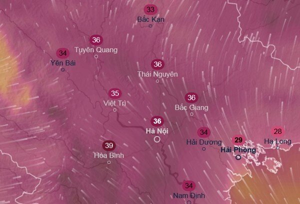 Dự báo nhiệt độ cảm nhận ở một số tỉnh thành miền Bắc vào chiều 27/3. Ảnh: Ventusky, ICON.