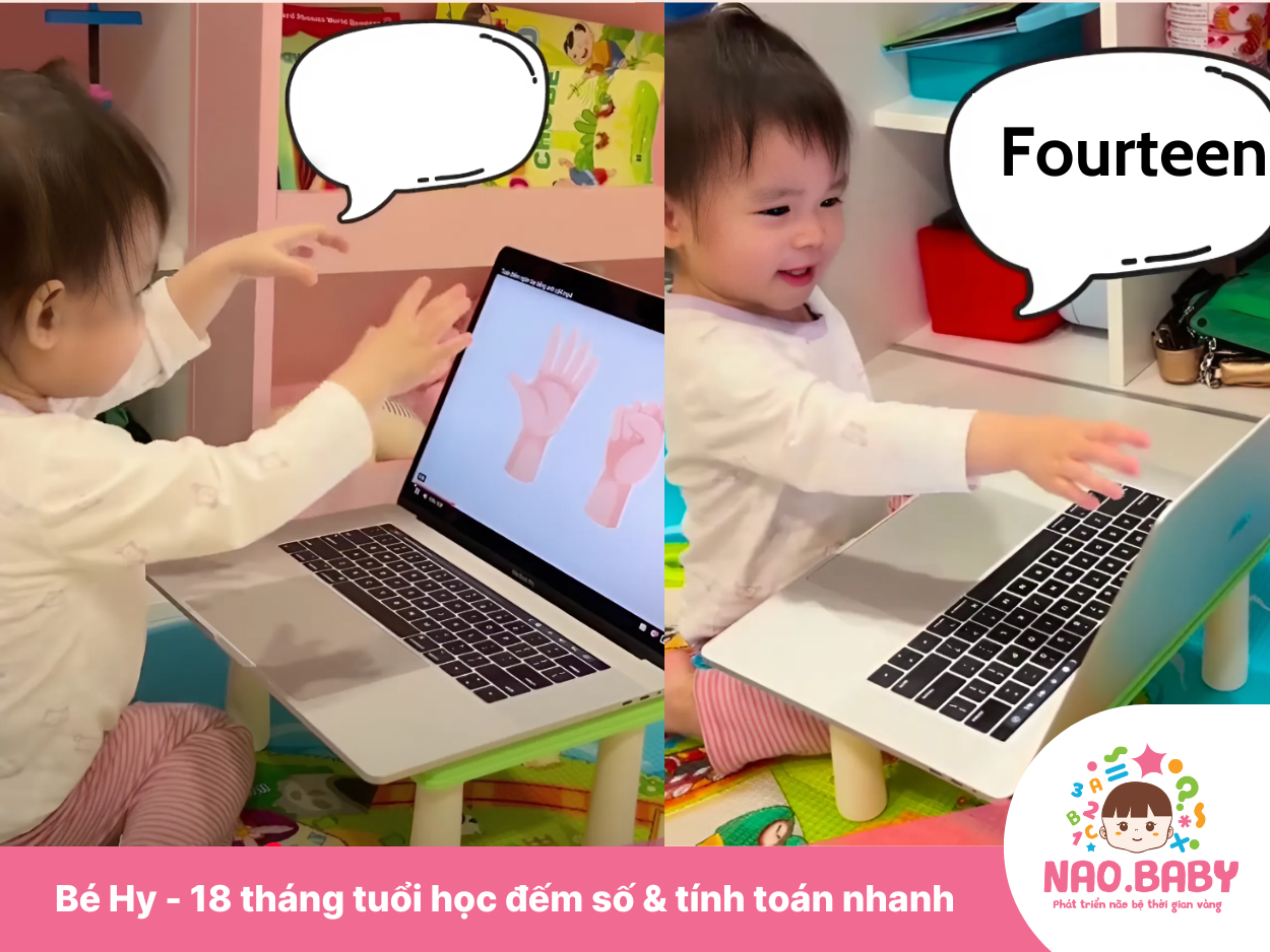Bé Thiên Hy 18 tháng tuổi - học viên Nao.baby đang học phương pháp đếm ngón tay được thể hiện sinh động giúp bé hứng thú.