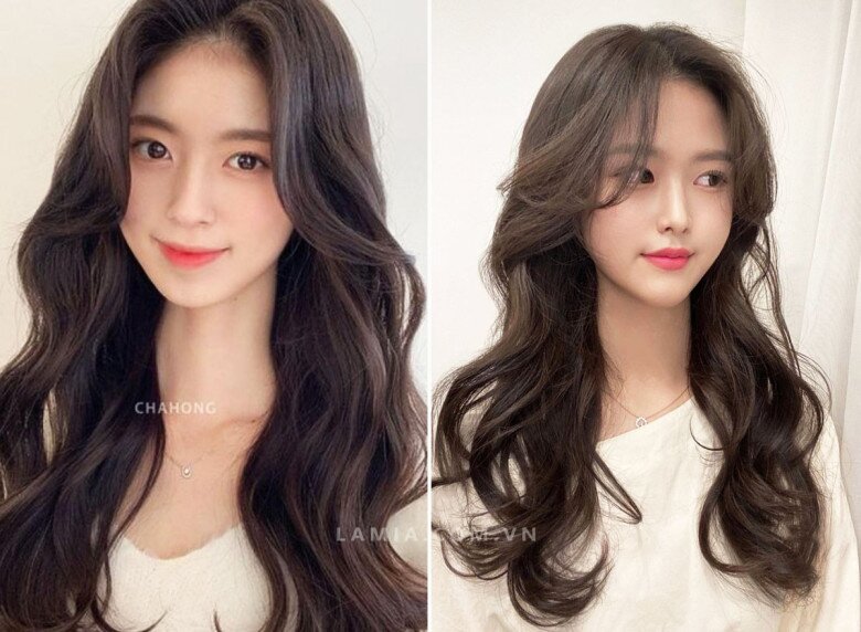 Long hair with loose waves and side-swept bangs