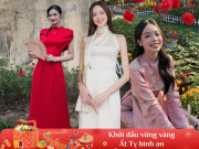 Thời trang - Dàn Hoa - Á hậu xúng xính áo dài xuống phố mùng 1 Tết ghi điểm với nhan sắc rạng rỡ