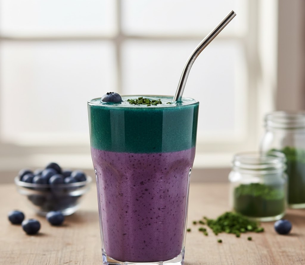 Sinh tố việt quất + tảo xoắn.