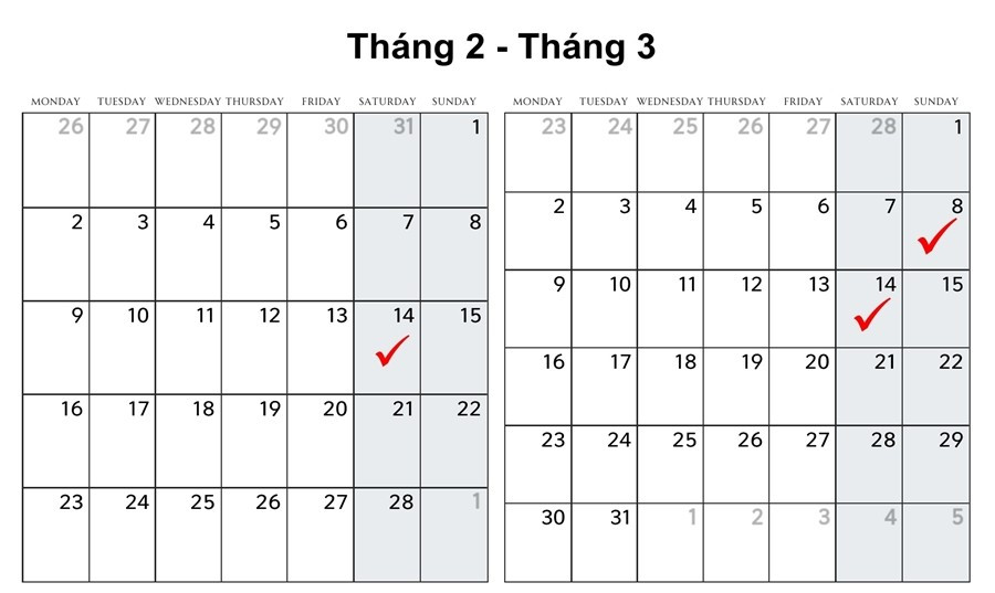 Những ngày đặc biệt rơi vào cuối tuần trong tháng 2 và 3/2026.