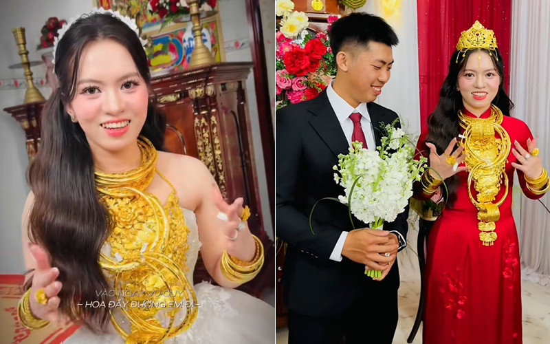 Cô dâu đeo vàng trĩu cổ, trĩu tay. Ảnh cắt từ clip 