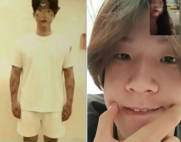 Diệp Văn Bân trong ảnh chụp màn hình trò chuyện video với mẹ lần cuối (phải) và khi bị rao bán trong một nhóm trên mạng xã hội nước ngoài. Ảnh: China Newsweek