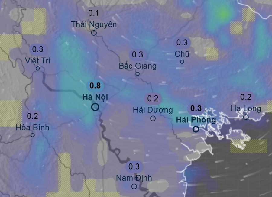 Mô hình GFS của Mỹ và ECMWF của châu Âu dự báo mưa nhỏ ở nhiều khu vực tại miền Bắc trong ngày 17/1 (những con số trong hình là lượng mưa trong khoảng 3 giờ). Ảnh: Ventusky, ECMWF.