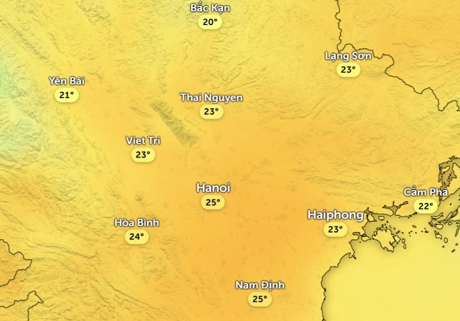 Nhiệt độ cảm nhận ở một số khu vực tại miền Bắc chiều nay, 13/1. Ảnh: Zoom Earth, OpenStreetMap, ICON.