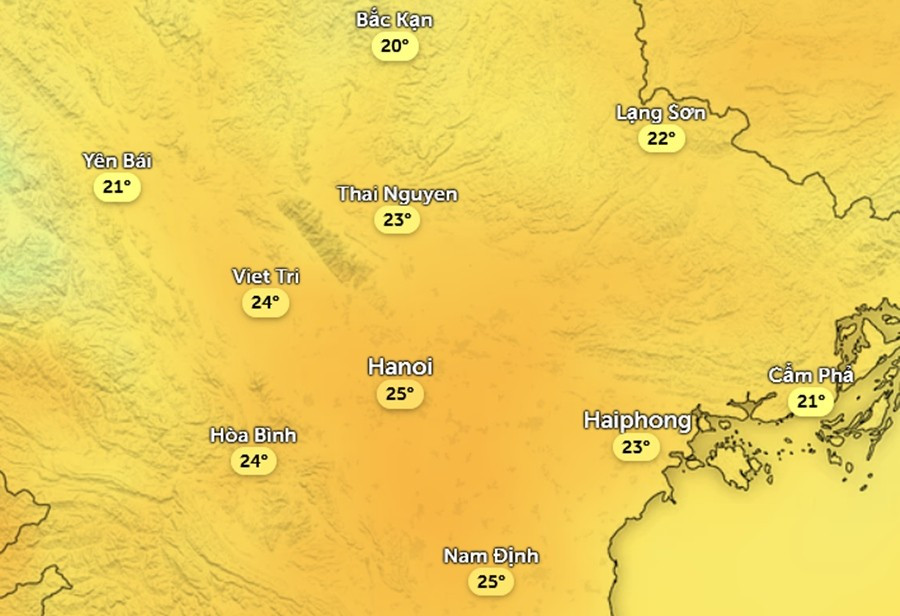 Nhiệt độ cảm nhận ở một số khu vực tại miền Bắc chiều nay, 14/1. Ảnh: Zoom Earth, OpenStreetMap, ICON.