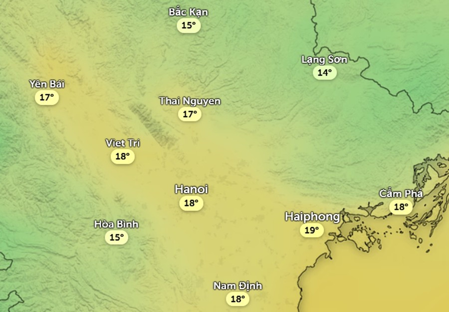 Dự báo nhiệt độ cảm nhận ở một số khu vực tại miền Bắc sáng sớm 15 - 16/1. Ảnh: Zoom Earth, OpenStreetMap, ICON.