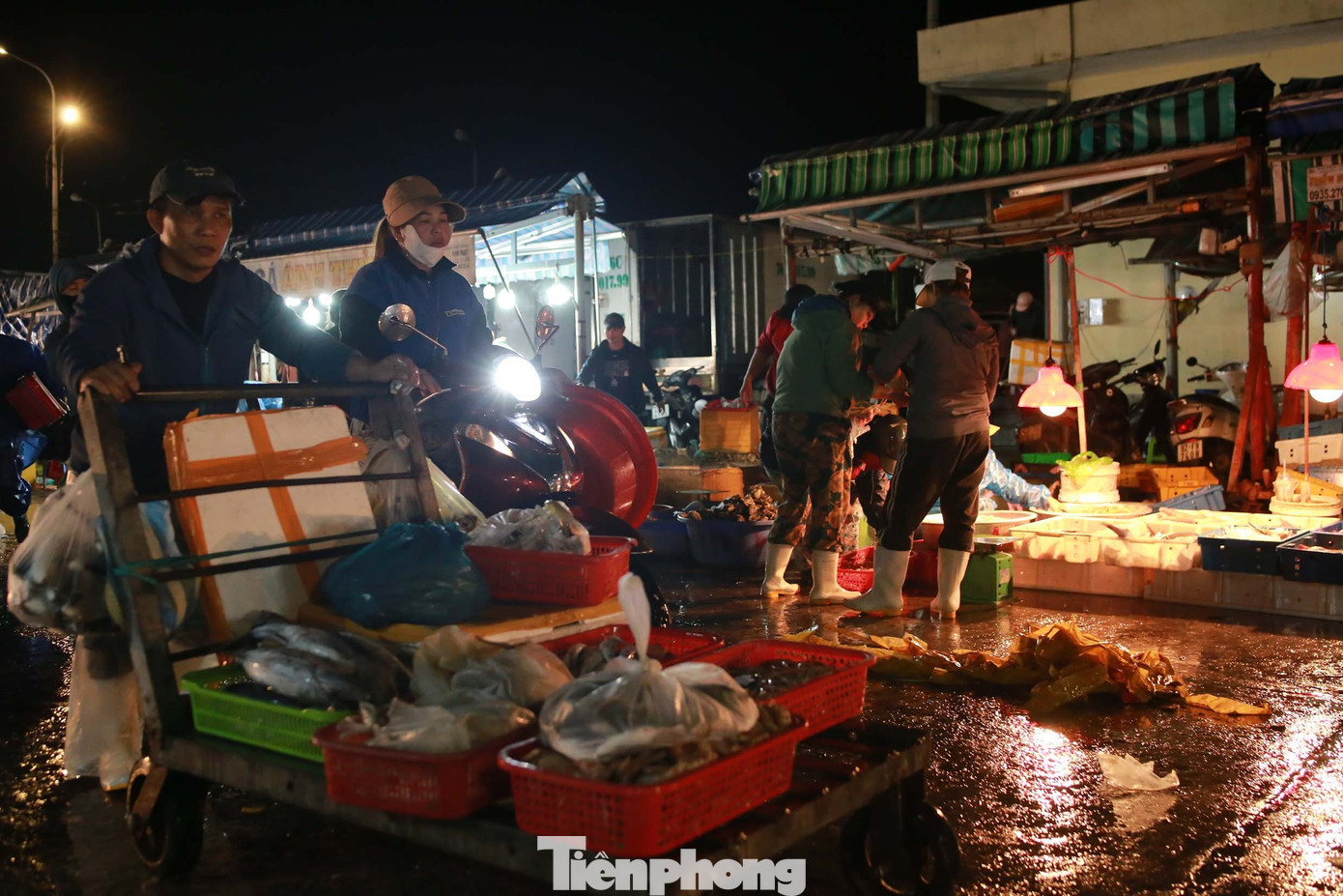 Cảng cá Thọ Quang rộn ràng nhịp sống mưu sinh trong ánh đèn đêm, dù trời lạnh và những cơn mưa buốt tay chân của những ngày cuối năm. Ảnh: Huy Hoàng