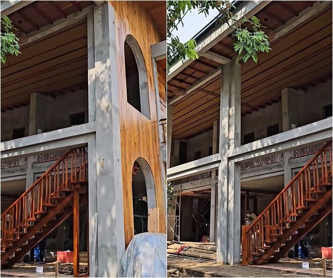 Chi tiết cầu thang trong nhà được chăm chút kỹ lưỡng, toàn bộ làm từ gỗ tự nhiên với thiết kế hiện đại nhưng vẫn giữ nét mộc gợi nhớ những ngôi nhà sàn.