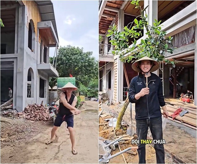 Phần mặt tiền nổi bật với thiết kế mái lệch hai tầng, kết hợp giữa xi măng và gỗ. Các ô vòm cong tạo điểm nhấn mềm mại giữa tổng thể vuông vức. Dáng nhà cao, mở thoáng ra sân – phù hợp với mô hình homestay kết hợp nghỉ dưỡng giữa thiên nhiên.