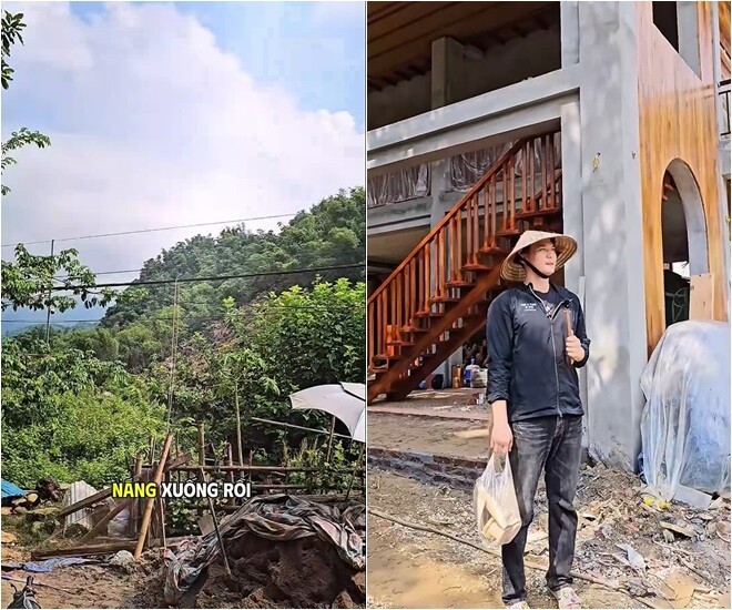 Lan can, cầu thang ngoài trời hoàn toàn bằng gỗ nâu đỏ, được xử lý bề mặt kỹ lưỡng để đảm bảo độ bền. Sự kết hợp giữa bê tông thô và gỗ tự nhiên tạo nên phong cách vừa bản địa vừa mang hơi hướng hiện đại, dễ hòa mình vào cảnh quan núi rừng mà vẫn tiện nghi.