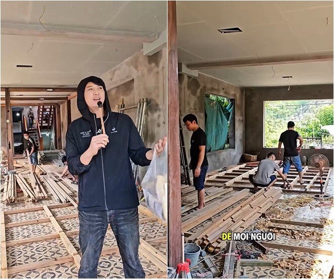 Tầng trệt với sàn lát gạch bông họa tiết cổ điển. Bên trong là khu vực sinh hoạt chung – nơi theo dự định sẽ dùng để ăn uống, cà phê. Cách bài trí gợi cảm giác như một quán cà phê bản nhỏ trong lòng núi.