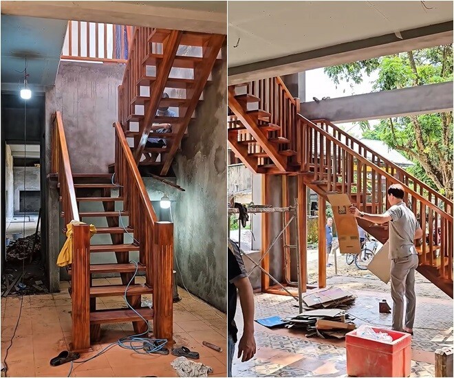 Khung nhà chính của công trình gồm hai tầng với khoảng hiên rộng rãi, lan can kim loại phối gỗ. Trần sử dụng nan gỗ và đèn tre đan, tạo hiệu ứng ánh sáng tự nhiên lung linh khi trời tối. Mặt trước nhà được bố trí rộng để mở tầm nhìn ra cảnh núi rừng xanh mát.