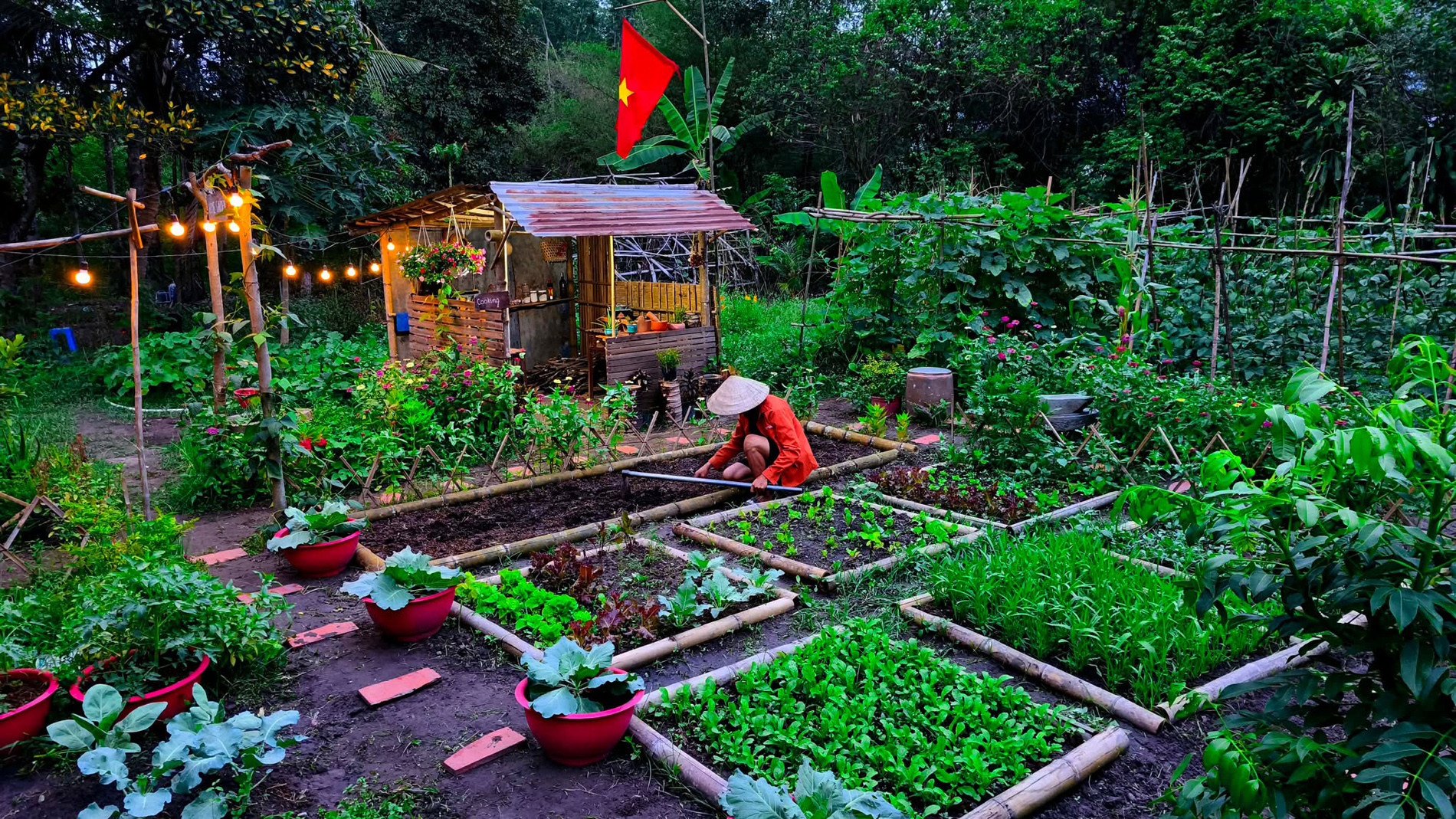 Khu vườn nằm gần khu dân cư, không tách biệt hoàn toàn nhưng vẫn giữ được sự yên tĩnh, trong lành ở vùng ngoại ô