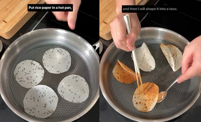 Huy Trần dùng bánh đa cắt thành hình tròn, đem nướng chín, tạo hình bánh taco.