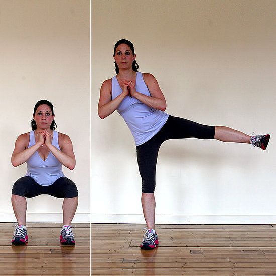 Ngồi xổm kết hợp nâng chân sang bên.