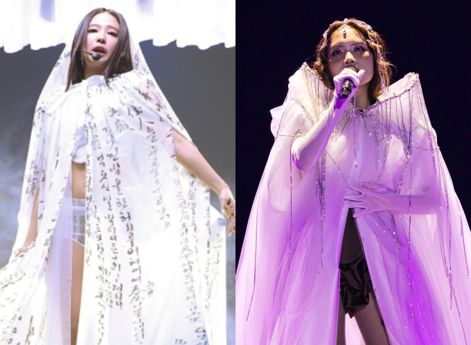 Hình ảnh Phương Mỹ Chi (phải) trong tiết mục ở Làn Sóng Xanh 2025 được cho là tương đồng ca sĩ Jennie tại Melon Music Awards (MMA) 2025.