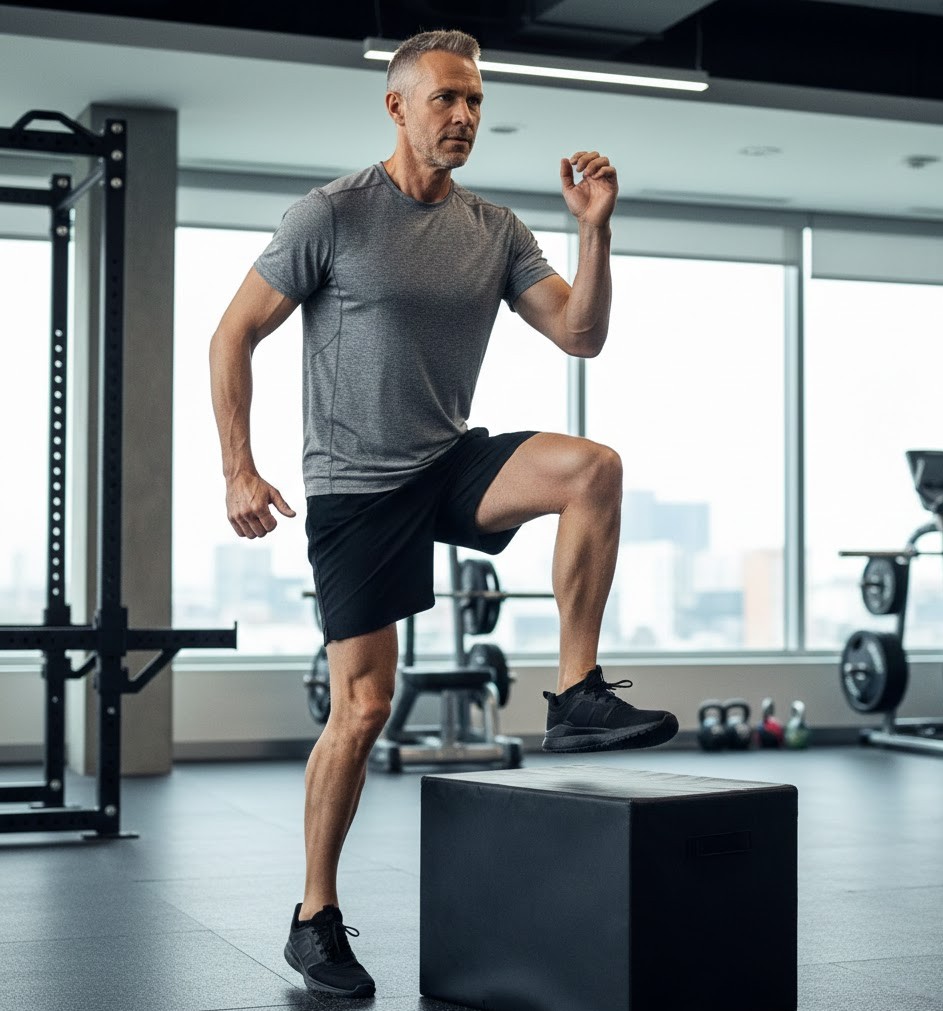 Bài tập bước lên bục mô phỏng vận động sinh hoạt hằng ngày, giúp cải thiện sức mạnh chức năng và thăng bằng một chân.