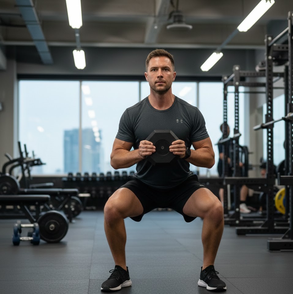 Bài squat giữ tạ trước ngực giúp tăng cường cơ mông, đùi và khả năng kiểm soát thân người.