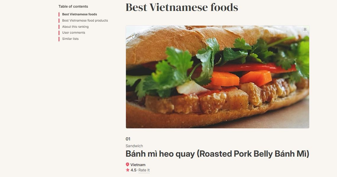 Bánh mì heo quay đứng hạng 1 trong danh sách món ăn Việt Nam ngon nhất. Nguồn: Taste Atlas