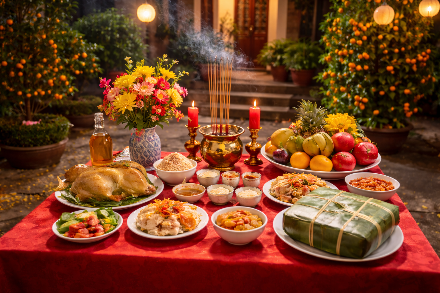 Mâm cúng giao thừa 2026 ngoài trời trang trọng