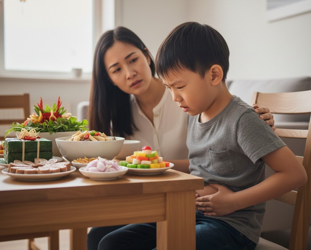 Dịp Tết, trẻ em thường ăn nhiều bánh kẹo, thức ăn giàu năng lượng và ít vận động hơn ngày thường, dễ dẫn đến tăng cân, đầy bụng, khó tiêu.
