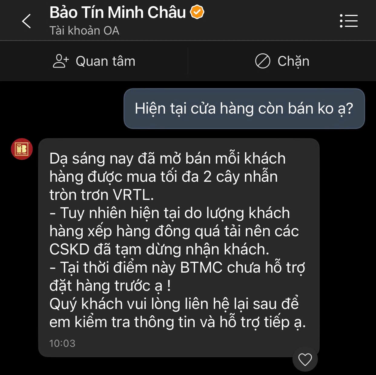 Cửa hàng Bảo Tín Minh Châu thông báo các cơ sở phải dừng nhận khách do quá tải.
