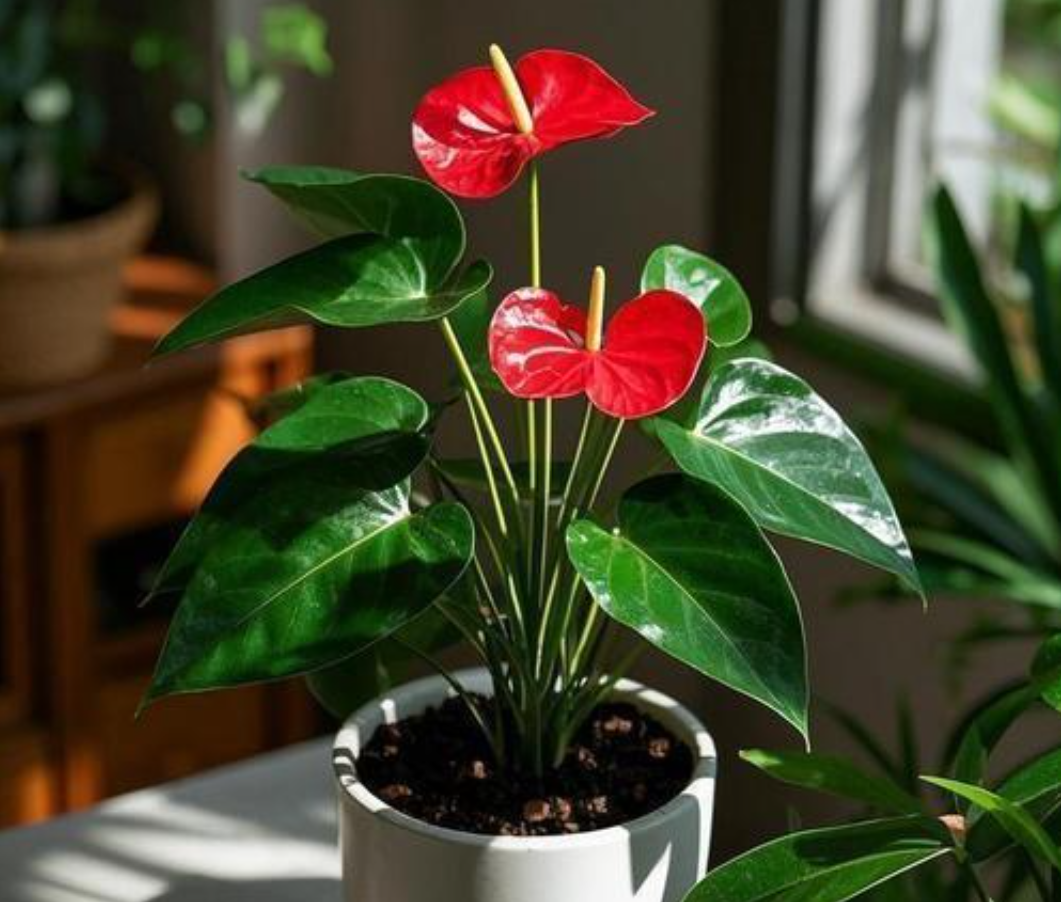 Hoa hồng môn đỏ rực, nhụy vàng nổi bật, thường được chọn để tạo ‘khai môn hồng vận’ ngày Thần Tài. Ảnh: Baidu