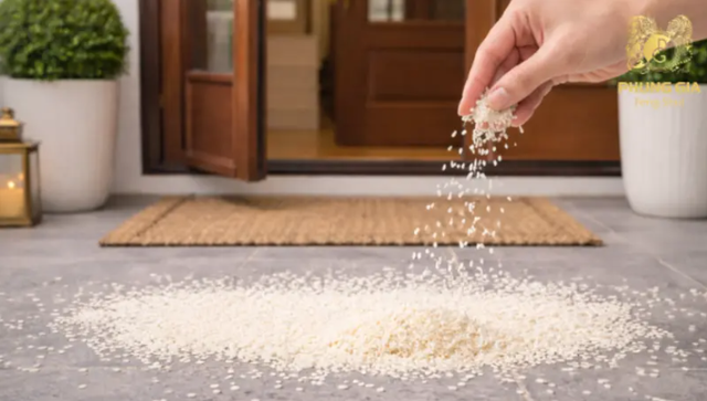 Rắc gạo nếp trước cửa mang ý nghĩa tạo lớp dương khí hộ môn, giúp trung hòa âm khí bên ngoài, ngăn tạp khí xâm nhập và ổn định trường khí tại khu vực minh đường.