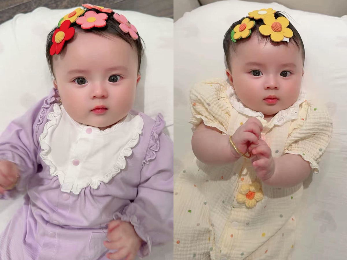 Phương Lê còn thường xuyên dùng cả chục chiếc kẹp tóc hình hoa để tô điểm cho gương mặt của con gái. Ông xã mê con gái lắm, cứ ngắm bé cả ngày không chán, người đẹp kể.