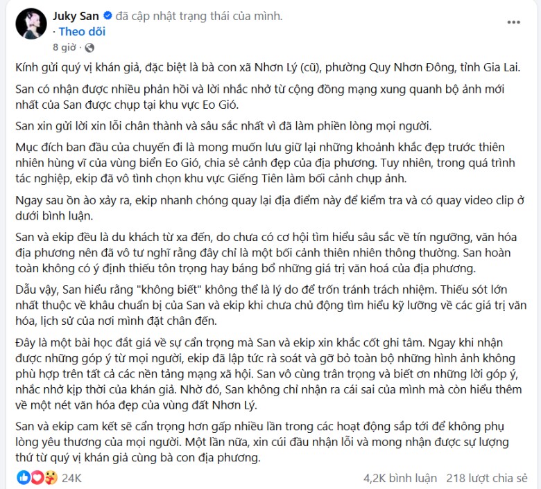Tâm thư giải thích và xin lỗi của Juky San được đăng tải trên trang cá nhân của cô.