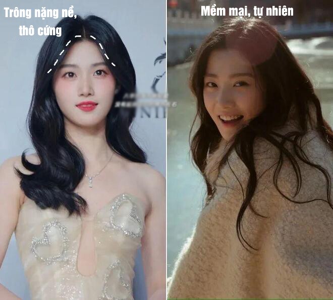 Kiểu tóc bên phải giúp Lư Dục Hiểu trông hài hòa, dễ nhìn hơn.