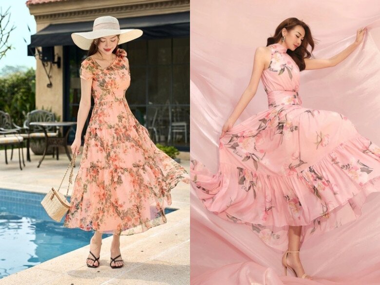 Váy hoa xếp tầng cùng với chi tiết nhấn nhá ở vai áo và phần eo được chiết nhẹ mang lại cảm giác nhẹ nhàng, phù hợp cho cả những buổi tiệc hay kỳ nghỉ sang trọng.