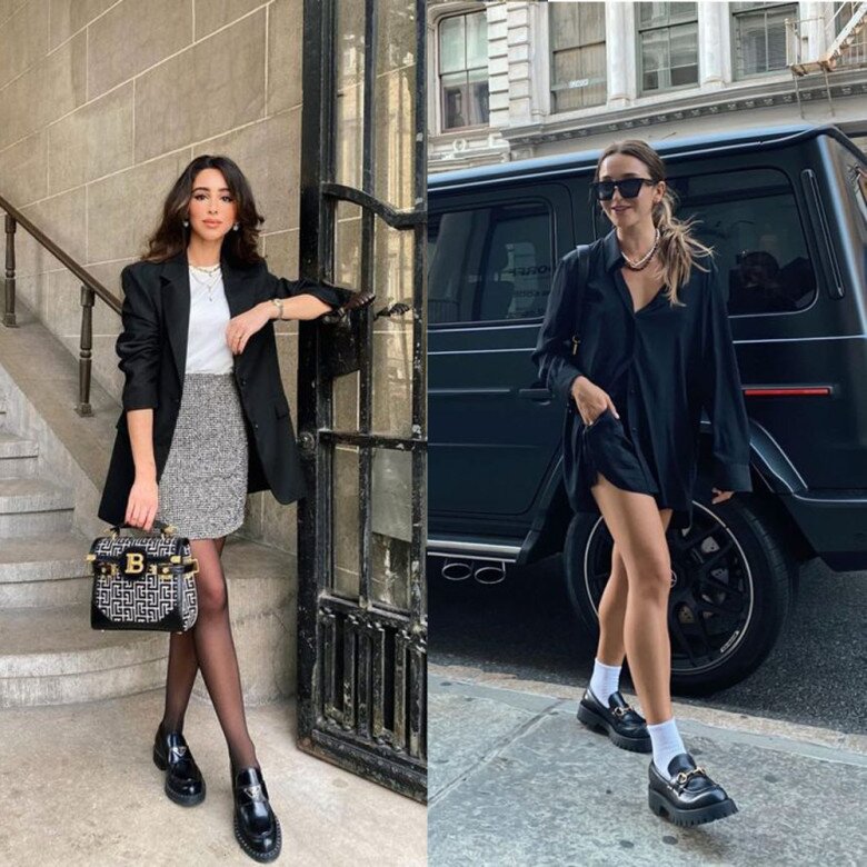 Giày loafer dễ phối, mang lại vẻ thanh lịch và gọn gàng; kết hợp với tất dài qua mắt cá chân trông trẻ trung.