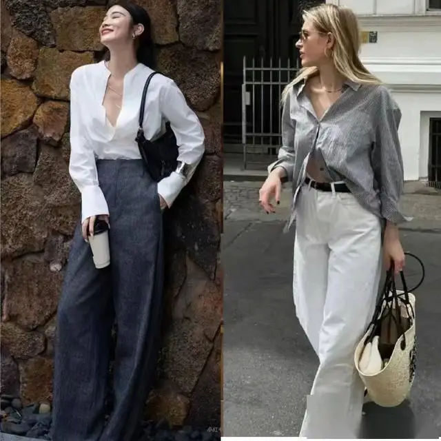 Trong môi trường công sở, áo sơ mi trắng hoặc xám kết hợp cùng quần âu sẽ giúp bạn xây dựng hình ảnh người phụ nữ trưởng thành, tự tin và đầy khí chất.