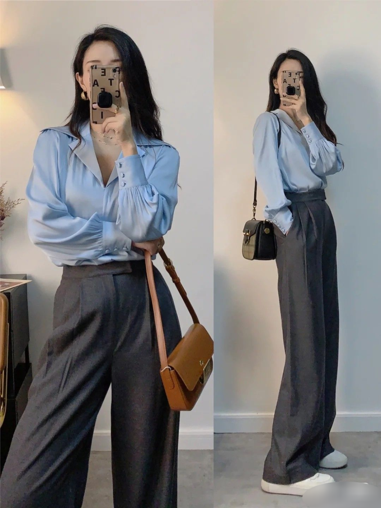 Áo sơ mi xanh nhạt là lựa chọn lý tưởng nhờ vẻ ngoài sạch sẽ, tươi sáng và trẻ trung. Với môi trường công sở, áo sơ mi xanh nhạt kết hợp cùng quần tây xám là công thức đơn giản nhưng hiệu quả.