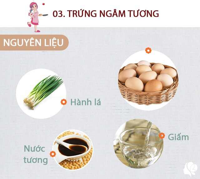 Nguyên liệu: 6-7 quả trứng gà (để ở nhiệt độ phòng), 2 nhánh hành lá, 1 mẩu gừng, nửa củ hành tây, 1 quả ớt, 2/3 chén nước tương, 1 chén nước lọc, 1/2 chén đường phèn vàn, 1 muỗng canh giấm, vài tép tỏi, vừng rang.
