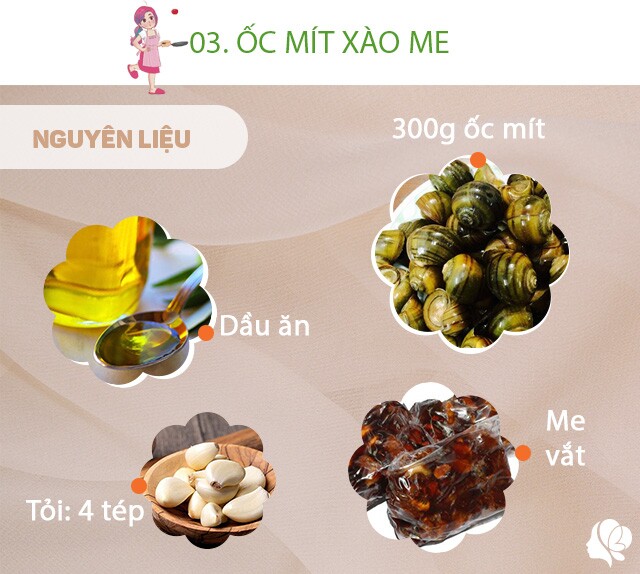 Chuẩn bị: 300g ốc mít, 2 thìa me vắt, 2 thìa đường, 2 thìa mắm, xíu cùi dừa nạo, 1 quả ớt trang trí, gừng và tỏi băm, ít rau răm, nửa bát con nước dừa, 1/2 thìa bột năng.