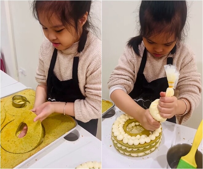 Với sự kiên trì, cô bé tiếp tục xếp chồng các lớp bánh bông lan trà xanh đã được cắt sẵn và lặp lại thao tác bắt kem một cách chuyên nghiệp.