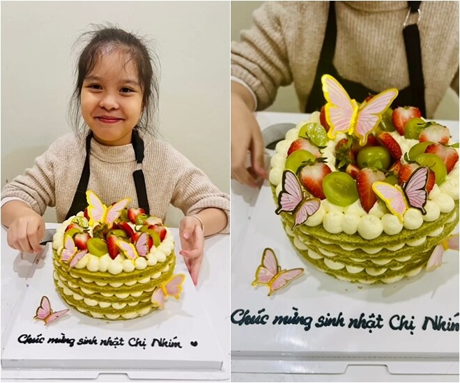 Thành quả cuối cùng là một chiếc bánh kem nhiều tầng bắt mắt với dòng chữ Chúc mừng sinh nhật chị Nhím đầy tình cảm. Cô bé nở nụ cười rạng rỡ bên tác phẩm nghệ thuật đầu tay của mình, chứng tỏ tài năng và tâm huyết của một đầu bếp nhí thực thụ.