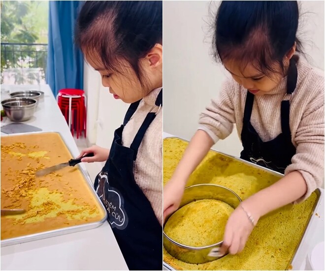 Sau khi bánh chín và để nguội, ái nữ của MC Diễm Quỳnh đã khéo léo dùng khuôn tròn để cắt những miếng cốt bánh bông lan đều tăm tắp.