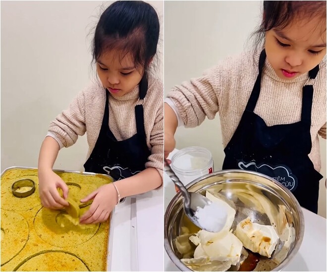 Chuyển sang phần làm kem: Cô nhóc tự tay chuẩn bị nguyên liệu gồm phô mai (cream cheese) và các gia vị cần thiết để đánh nhân kem.