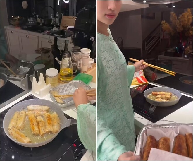 Đoàn Thiên Ân giúp đàn chị rán nem (chả giò). Ngoài ra mâm cơm còn có nhiều món ăn đậm phong vị ngày Tết khác như giò, tôm khô củ kiệu chua ngọt, gà ủ muối...