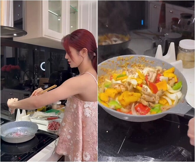 Chị đẹp đạp gió rẽ sóng còn làm món gà xào sả ớt vừa sắc màu vừa rất tốt cho sức khỏe và những người muốn giữ dáng cho cô. Ngoài ra còn có thêm món nướng, canh...