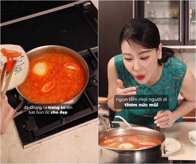 Sau khi nước dùng sôi lên, Kiều Anh cho cà chua đã thái múi cau vào để trang trí lên bát bún ốc cho đẹp. Mùi thơm lan tỏa khiến cô xuýt xoa: Tuyệt vời, thơm nức mũi.