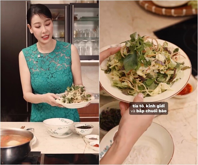 Hoa hậu còn chuẩn bị đồ ăn kèm đầy đủ: Khi dùng món bún ốc này thì chúng ta ăn với sợi bún nhỏ vừa, kèm với rau xà lách, tía tô, kinh giới và bắp chuối bào. Chúng ta thái nhỏ ra, trộn lẫn lên với nhau như thế này.